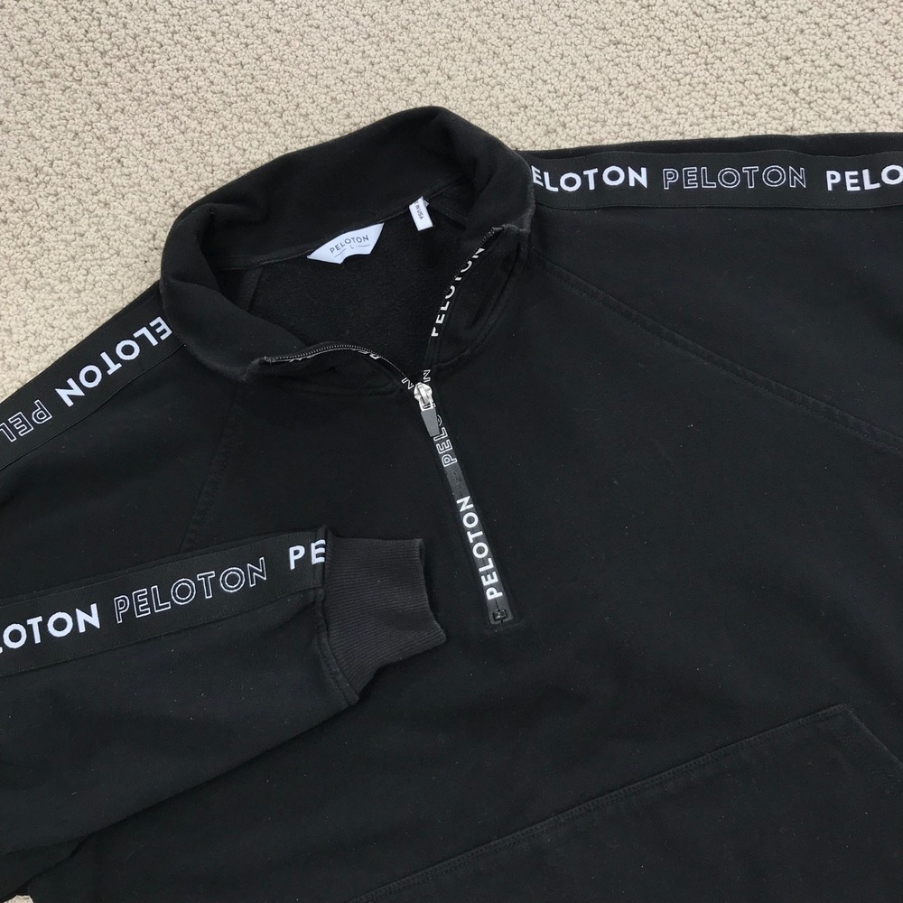 Peloton Mens Large Black Quarter Zip Pullover Logo Tape Sweatshirt Made in USA